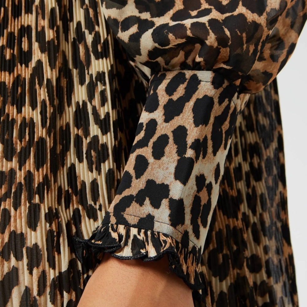 GANNI Pleated Georgette Mini Dress Leopard Babydoll Oversized Size 34 US Small - Picture 3 of 7